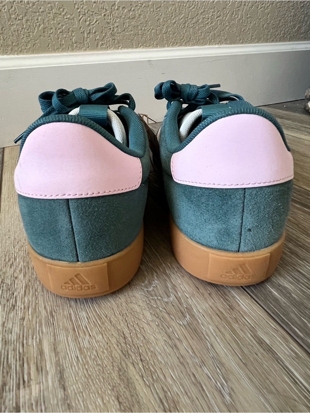 adidas Women Teal Suede Sneakers with Pink Stripes and Gum Sole - Picture 6 of 9